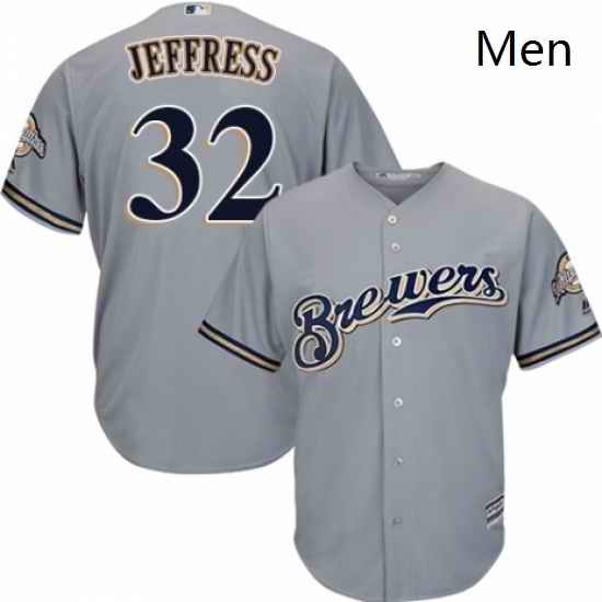 Mens Majestic Milwaukee Brewers 32 Jeremy Jeffress Replica Grey Road Cool Base MLB Jersey